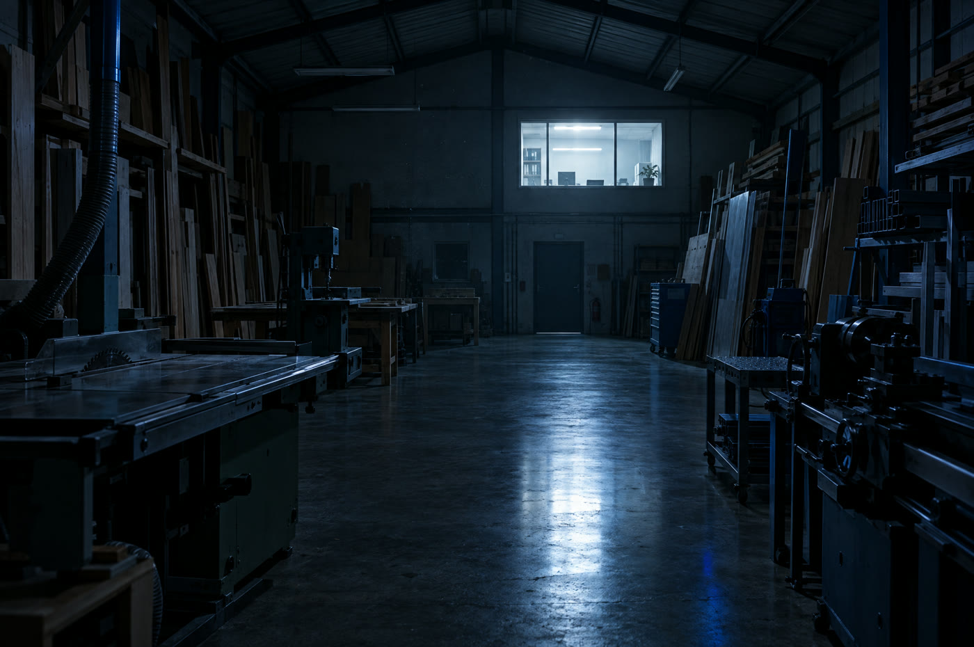 Eine leere Werkhalle bei Nacht, nur das Bürofenster im Hintergrund ist noch beleuchtet.