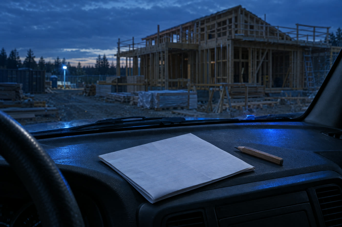 Ein leerer Rapportzettel und ein Bleistift auf dem Armaturenbrett eines Werkstattbusses vor einer Baustelle in der Dämmerung.